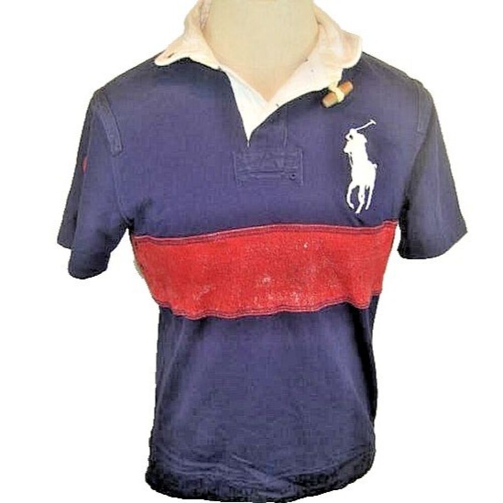 Womens Polo Ralph Lauren RedBlue Panels Big Pony Cotton  Polo Casual Shirt sz Lg
